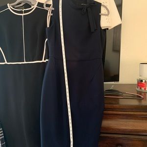 Blue, Work Sheath Dress, Bow Neckline, long length, Conservative, Sz 10